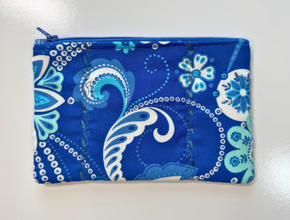 Medium Quilted Zipper Pouch – Blue & White Floral Pencil Case, Handmade Cotton Organizer