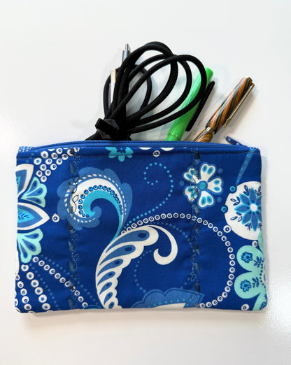 Medium Quilted Zipper Pouch – Blue & White Floral Pencil Case, Handmade Cotton Organizer