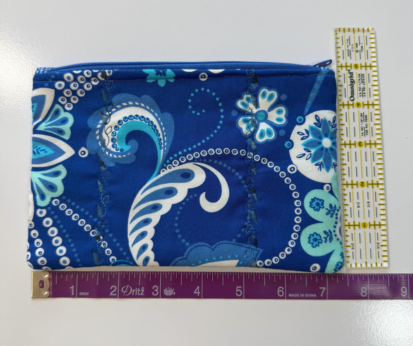 Medium Quilted Zipper Pouch – Blue & White Floral Pencil Case, Handmade Cotton Organizer
