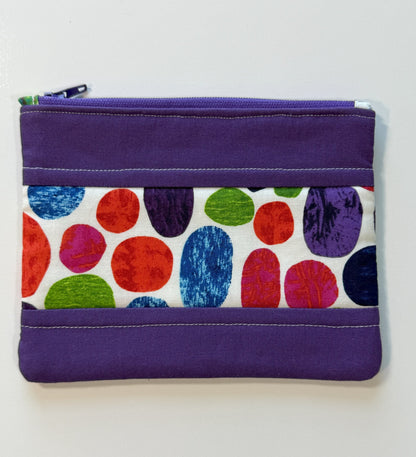 Quilted Zipper Pouch – Colorful Pebbles Framed in Purple, Handmade Cotton Organizer