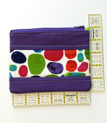 Quilted Zipper Pouch – Colorful Pebbles Framed in Purple, Handmade Cotton Organizer