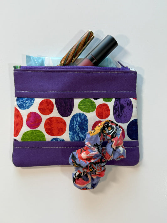 Quilted Zipper Pouch – Colorful Pebbles Framed in Purple, Handmade Cotton Organizer