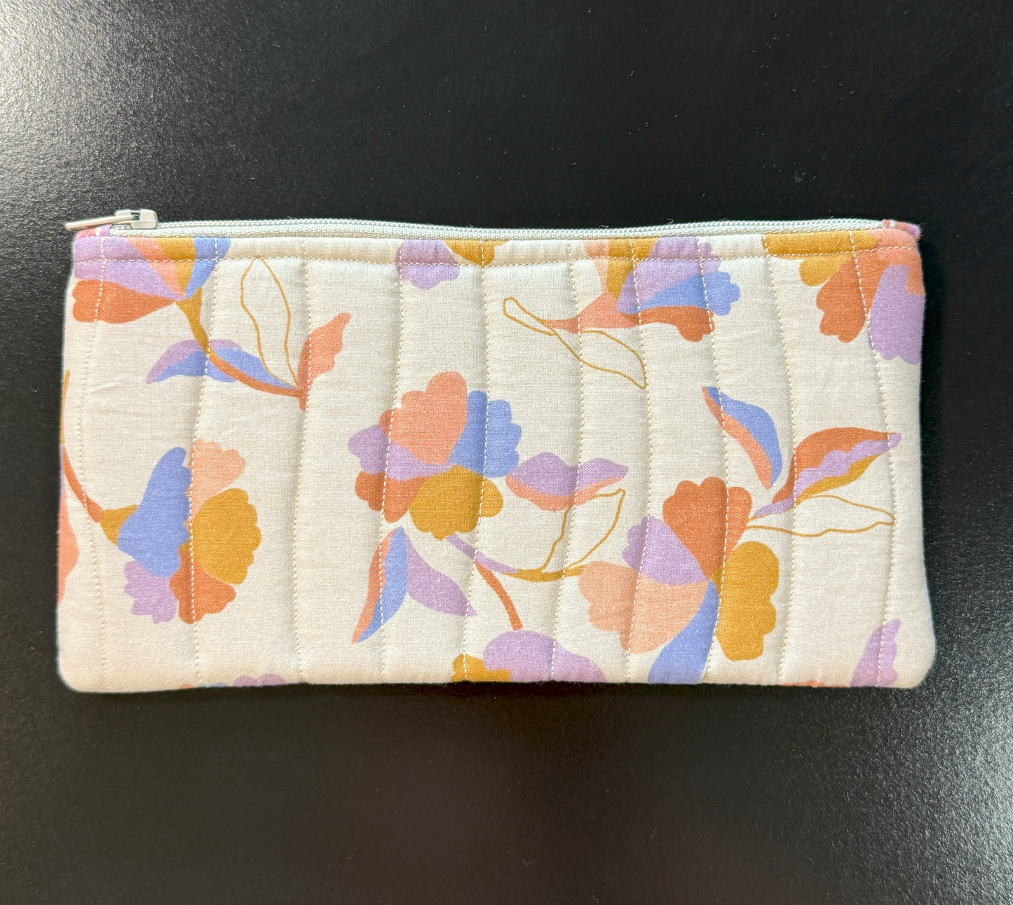 Medium Quilted Zipper Pouch – Beige Floral Fabric Pencil Case, Makeup & Eyeglasses Pouch