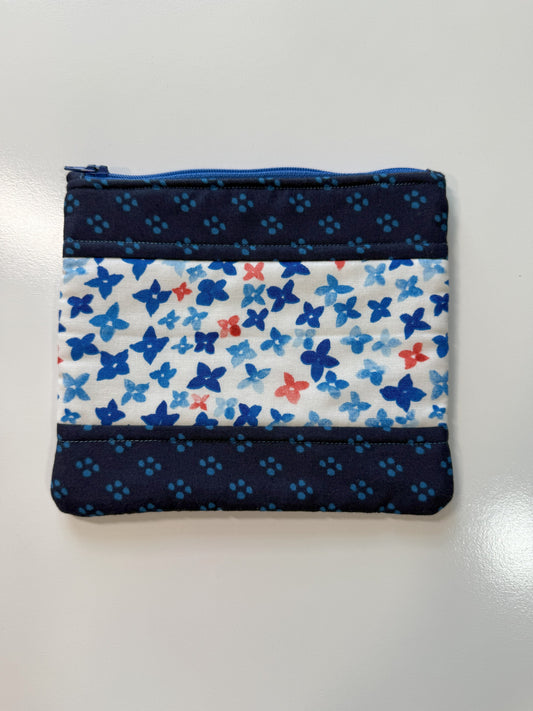 Medium Quilted Zipper Pouch – Blue & White Floral Cotton Organizer