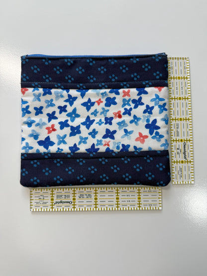 Medium Quilted Zipper Pouch – Blue & White Floral Cotton Organizer
