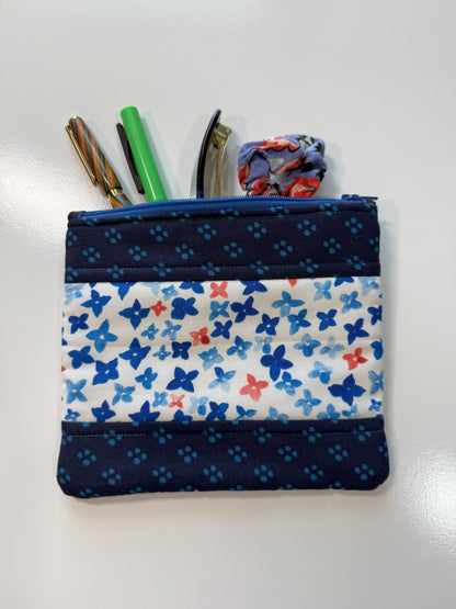 Medium Quilted Zipper Pouch – Blue & White Floral Cotton Organizer