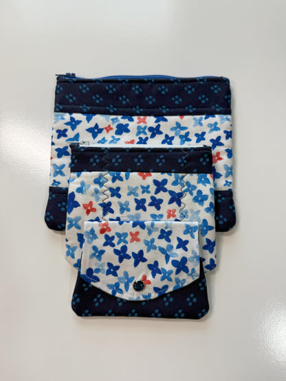 Medium Quilted Zipper Pouch – Blue & White Floral Cotton Organizer