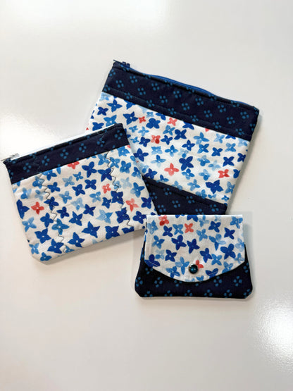 Medium Quilted Zipper Pouch – Blue & White Floral Cotton Organizer
