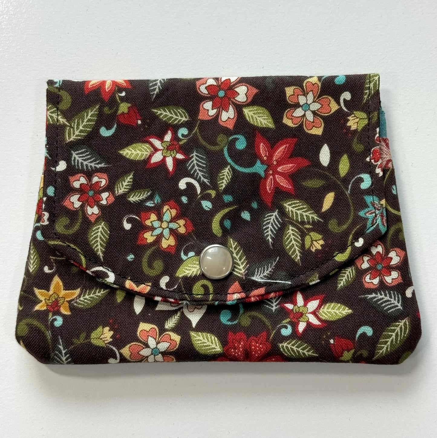 Brown Floral Fabric Wallet with Red and Blue Accents