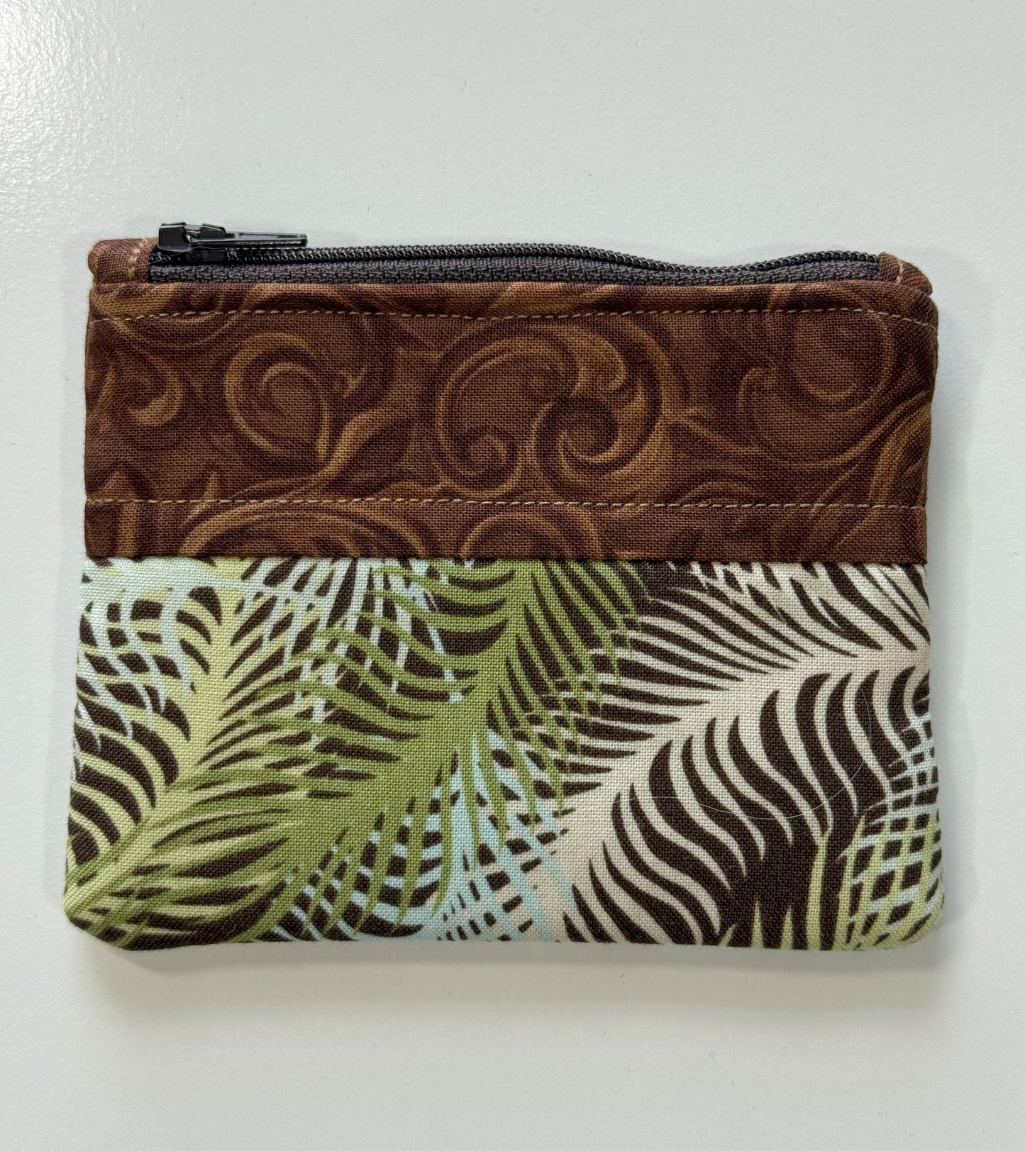 Brown Handmade Fabric Coin Purse with Palm Leaves