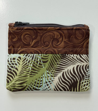 Brown Handmade Fabric Coin Purse with Palm Leaves