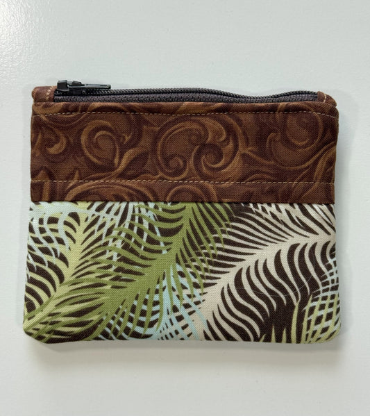 Brown Handmade Fabric Coin Purse with Palm Leaves