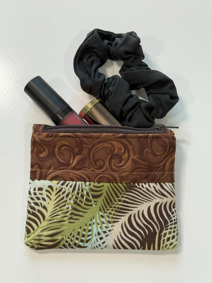 Brown Handmade Fabric Coin Purse with Palm Leaves