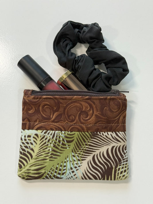 Brown Handmade Fabric Coin Purse with Palm Leaves