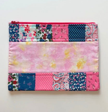 Quilted Zipper Pouch – Large Handmade Pink & Blue Patchwork Organizer with Floral Accents
