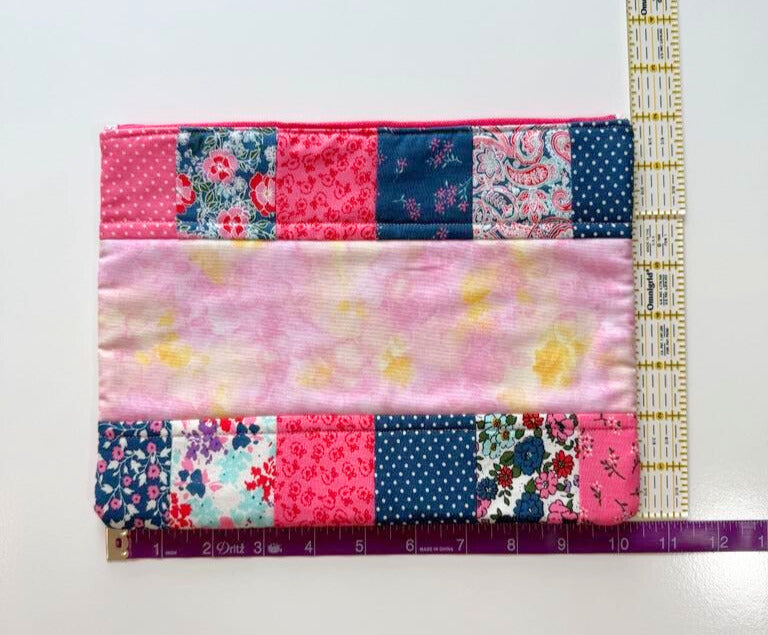 Quilted Zipper Pouch – Large Handmade Pink & Blue Patchwork Organizer with Floral Accents
