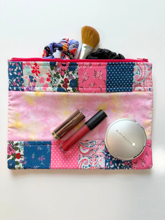 Quilted Zipper Pouch – Large Handmade Pink & Blue Patchwork Organizer with Floral Accents