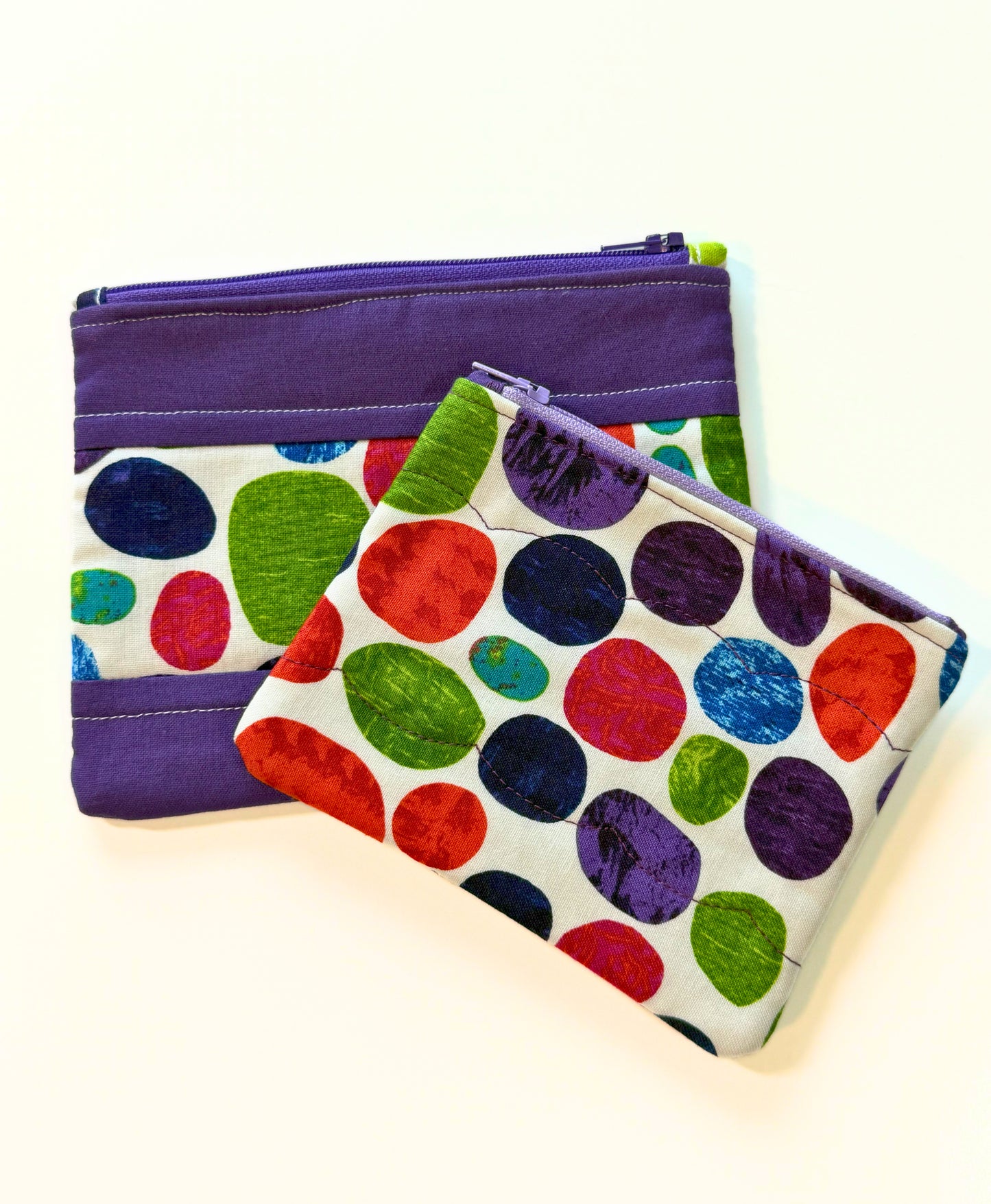 Quilted Zipper Pouch – Colorful Pebbles Framed in Purple, Handmade Cotton Organizer