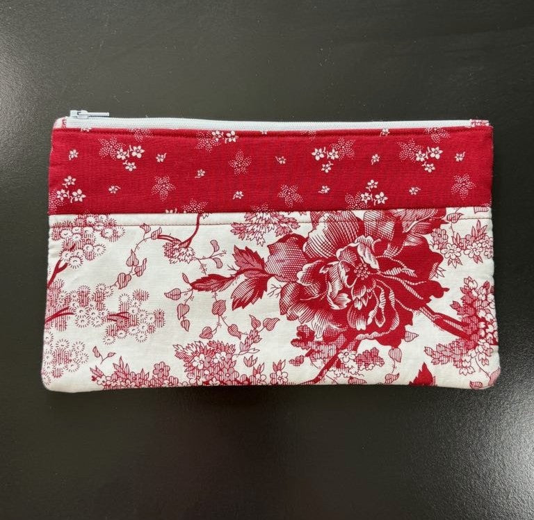 Quilted Zipper Pouch – Handmade Red & White Toile Floral Pencil Case