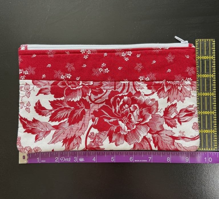 Quilted Zipper Pouch – Handmade Red & White Toile Floral Pencil Case