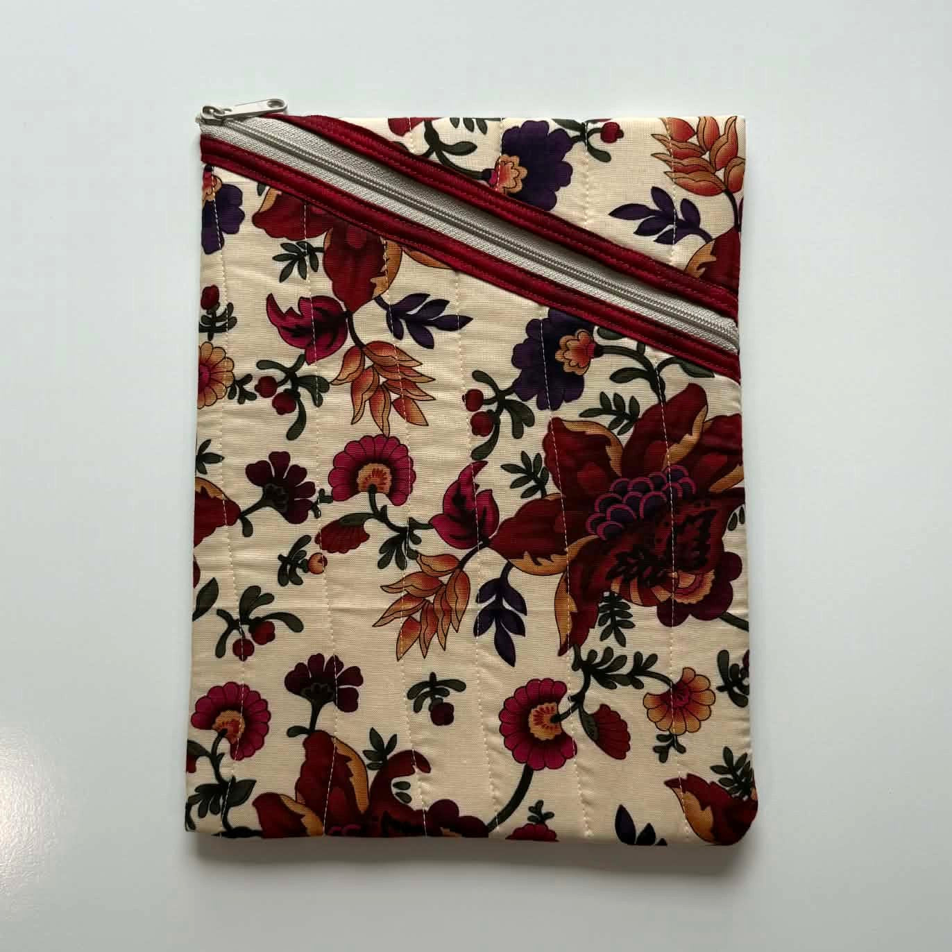 Large Quilted Diagonal Zipper Pouch – Beige Floral Tablet Sleeve with Maroon Trim, Handmade Padded Organizer