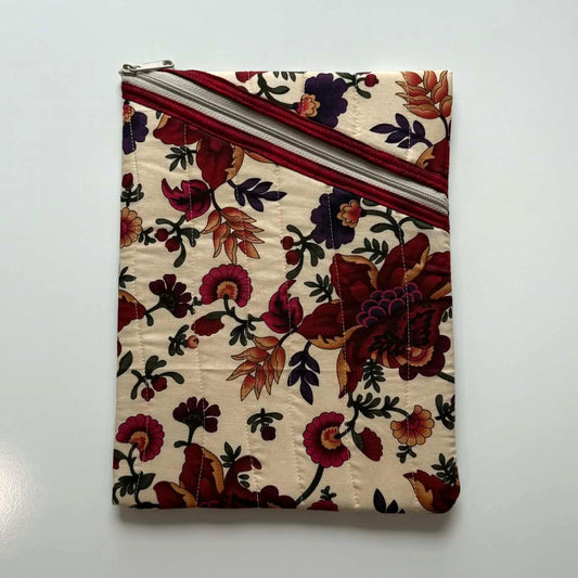 Large Quilted Diagonal Zipper Pouch – Beige Floral Tablet Sleeve with Maroon Trim, Handmade Padded Organizer