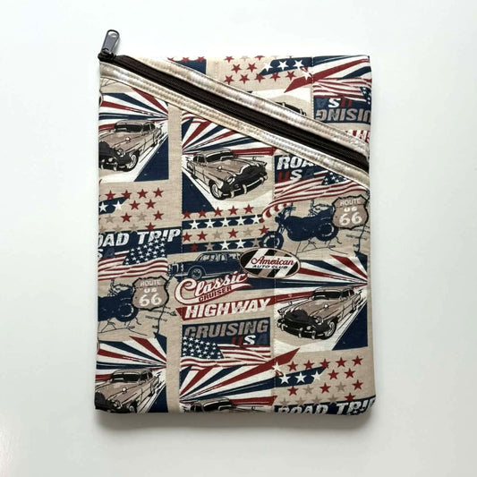 Americana Large Quilted Zipper Pouch – Classic Cars Diagonal Zipper Tablet Sleeve, Handmade Padded Organizer