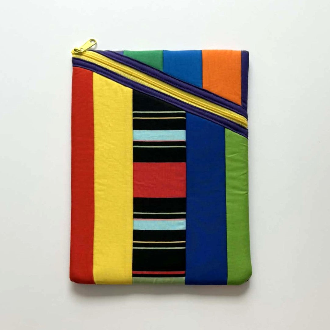 Rainbow Stripes Large Quilted Zipper Pouch – Handmade Diagonal Zip Tablet Sleeve