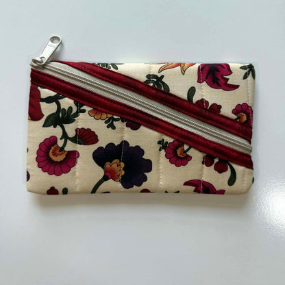 Quilted Diagonal Zipper Pouch – Beige Floral with Maroon Trim, Handmade Eyeglass & Pencil Case