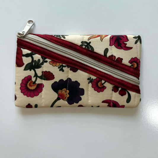 Quilted Diagonal Zipper Pouch – Beige Floral with Maroon Trim, Handmade Eyeglass & Pencil Case