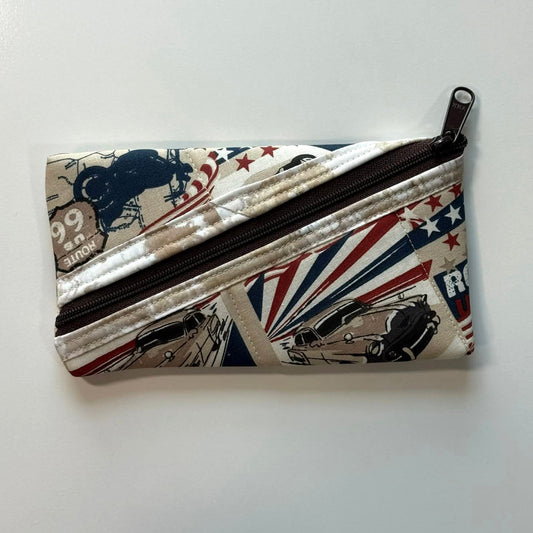 Americana Quilted Zipper Pouch – Classic Cars & Patriotic Fabric, Handmade Diagonal Zip Pouch