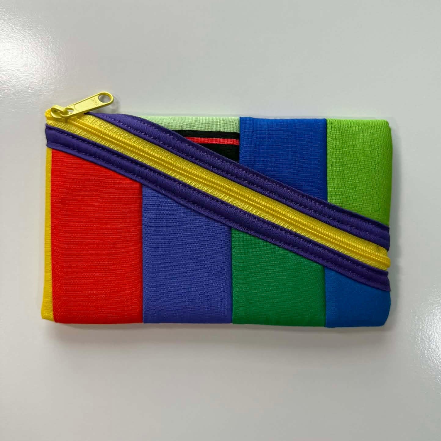 Rainbow Stripes Quilted Zipper Pouch – Handmade Diagonal Zip Pouch for Glasses, Pens & Everyday Essentials
